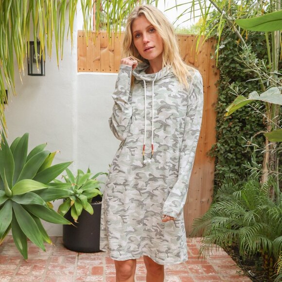 HEM & THREAD Camo Print Cowl Neck Hoodie Dress | Casual Lounge Fit - Picture 8 of 10